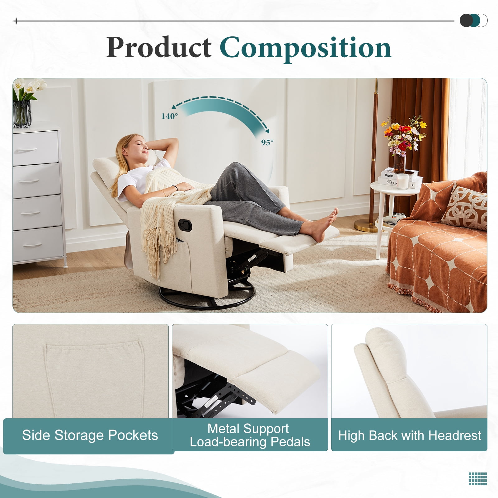 GIANNA Glider Rocker Recliner Chair with Adjustable Backrest and Footrest, Beige