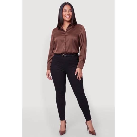 Women's Plus Size Satin Long Sleeve Button Front Shirt