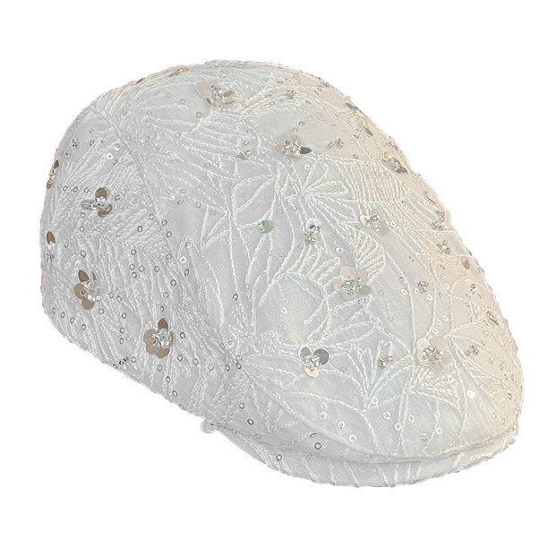 Gorra para mujer, elegante, plana, blanca, con lentejuelas Gatsby Newsboy