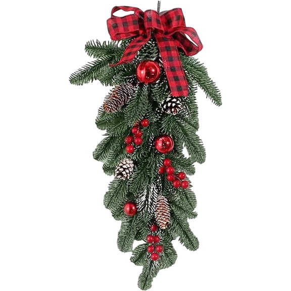 laqbezok Christmas Teardrop Swag, Pine Needles Swag with Red Berries Bowknot and Pinecone, Christmas Wreaths for Front Door Holiday Wall Window Outdoor Decor, Pine Swag
