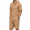 thumbnail image 4 of LEKWK Men Linen Sets Outfits 2 Piece Short Sleeve Button Down Hooded Tops and Elastic Waist Shorts Lightweight Loose Fit Summer Fashion Beach Vacation Wear, 4 of 9
