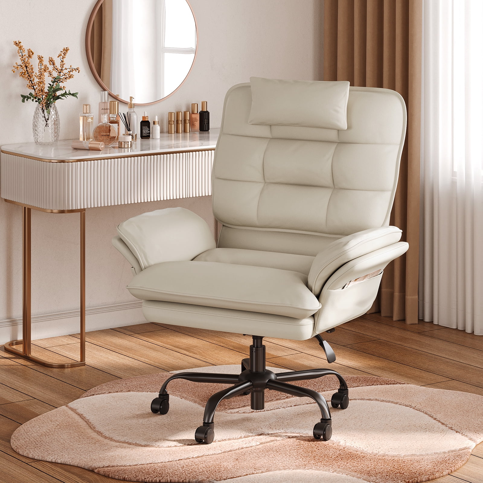 Bestier Big and Tall Ergonomic Office Chair with Flip-Up Arms, PU Leather High Back Executive Swivel Desk Chair with Side Pockets & Headrest , Height Adjustable Computer Chair for Home, Beige