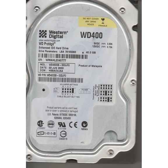 WD400EB-00DJF0, DCM HSBACVJAA, Western Digital 40GB IDE 3.5 Hard Drive