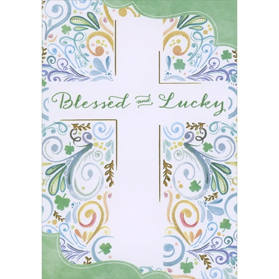 Designer Greetings Blessed and Lucky: White Cross Over Swirling Vines and Shamrocks Religious St. Patrick's Day Card