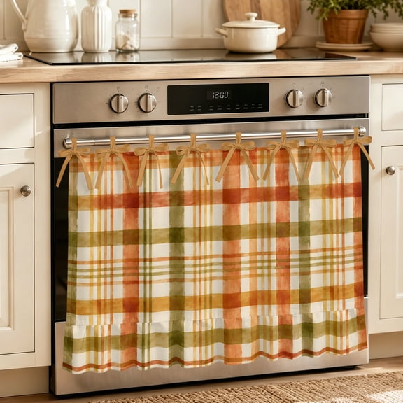 Orange Green Checked Fall Oven Skirt for Farmhouse Kitchen Décor, Thanksgiving Autumn Plaid Oven Curtain Tie Top Decorative Stove Skirt, Cabinet Dish Washer Curtains with 8 Ribbon Ties 30"x21.5"