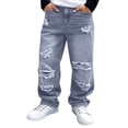 thumbnail image 2 of UACY Boys' Baggy Ripped Jeans Distressed Denim Pants Loose Fit Straight Leg Cotton Blend Casual Long Trousers Boys Pants (Light Blue, 8-9 Years), 2 of 8