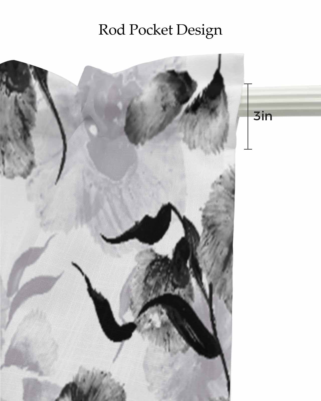 Black Grey Flower Linen Curtain Valance for Bedroom/Bathroom/Kitchen/Office/Living/Dining Room Windows, Watercolor Blossom Botanical Plant Rod Pocket Topper Decorative Cafe Drapes Panel 42"x18"