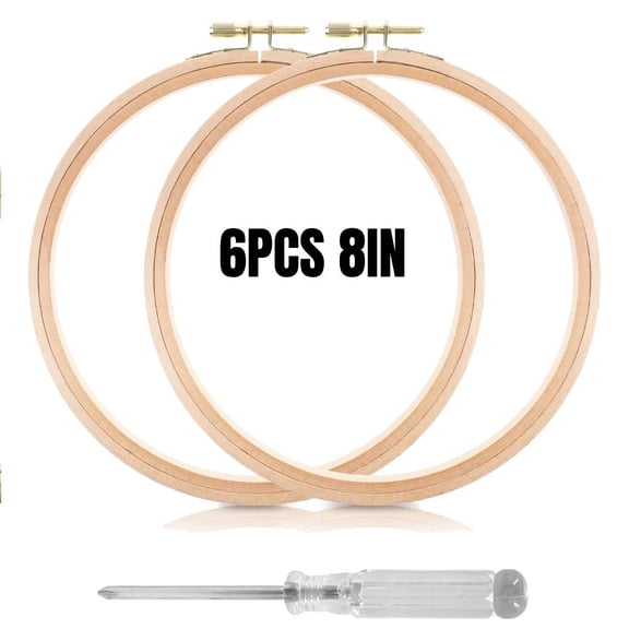 6 Pieces 8 Inch Embroidery Hoops, Round Wood Embroidery Hoops, Adjustable Bamboo Circle Cross Stitch Hoop Ring, Wooden Embroidery Frames for Art Craft Sewing, Christmas Decoration