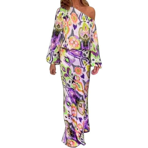 DHFJKG 2 Piece Skirt Sets Women One Shoulder Outfits Tie Dye Lantern Long Sleeve Top Maxi Skirts Matching Set Vacation Holiday Outfit
