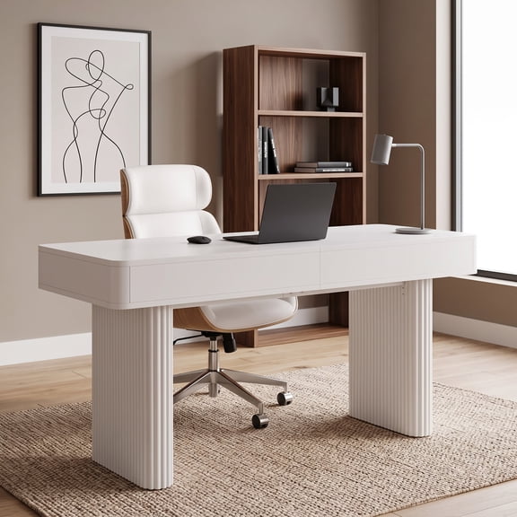 Fnova 63" White Desk with Drawers, Modern Home Office Desk with Fluted Legs, Large Writing and Study Desk with Storage, Computer Workstation and Makeup Vanity Table for Bedroom