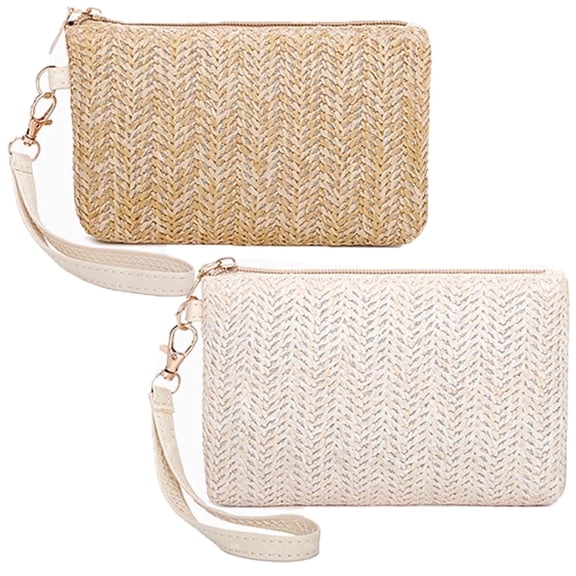 Straw Clutch Bag for Summer Beach, Stylish Zipper Wristlet Wallet for Women, Bohemian，2 Pcs