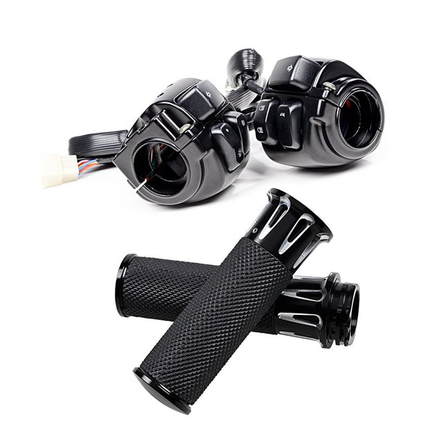 Anzio Left Right CNC 1" Handlebar Hand Grips + Switch Control, Push Button, Manual, Black, Compatible with 1996-2012 Harley Davidson