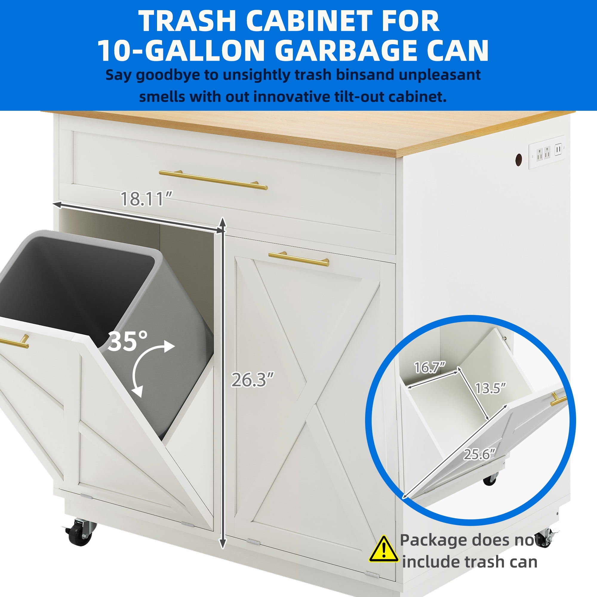 Uforic Kitchen Storage Cart with 2 Tilt Out Trash Can, Rolling Kitchen Island with Power Outlets & Drawers, White