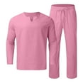 thumbnail image 4 of Fgnfyis Men Pieces Cotton Linen Set Henley Shirt Long Sleeve and Casual Beach Pants Summer Yoga Outfits Pants Sets for Men Pink L, 4 of 9