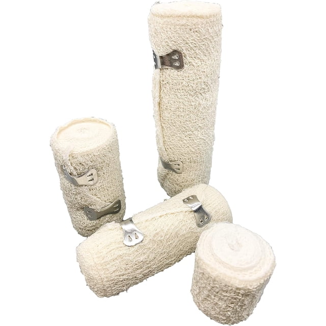 Woeilo Natural Color Elastic Crepe Bandage, Pack of 6, Durable Compression Stretched Bandage with Hook and Clips Closure (4 Inches Width x 5 Yards Length) 4 Inch Width x 5 Yards Length