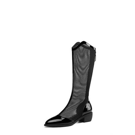 

Women‘s Mesh Block Heel Knee High Boots Solid Color Back Zipper Patent Leather Shoes Pointed Toe V-cut Shoes