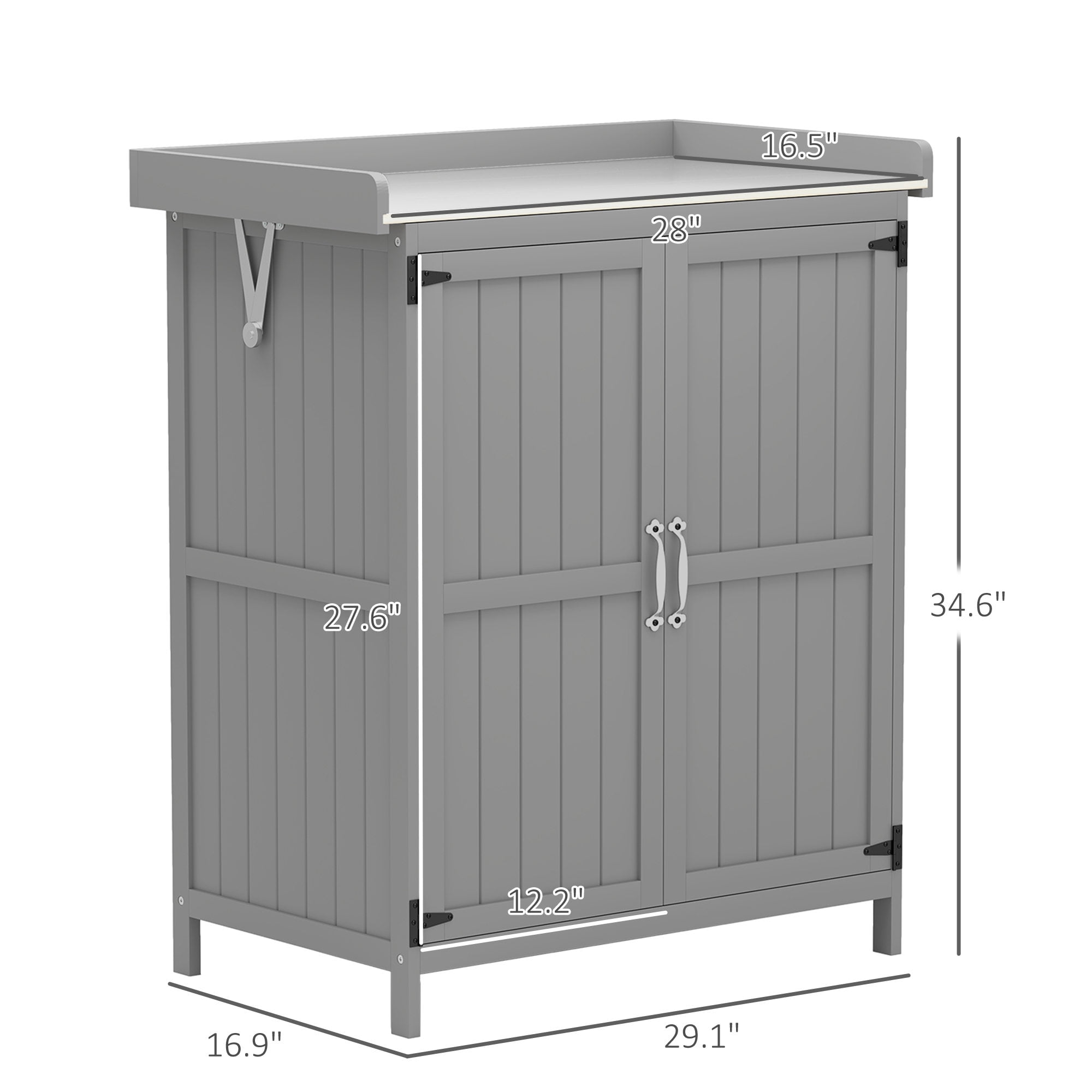 Outsunny Outdoor Garden Shed, Wooden Backyard Shed with Metal Tabletop, Shelf and 2 Doors for Patio, Lawn, Gray