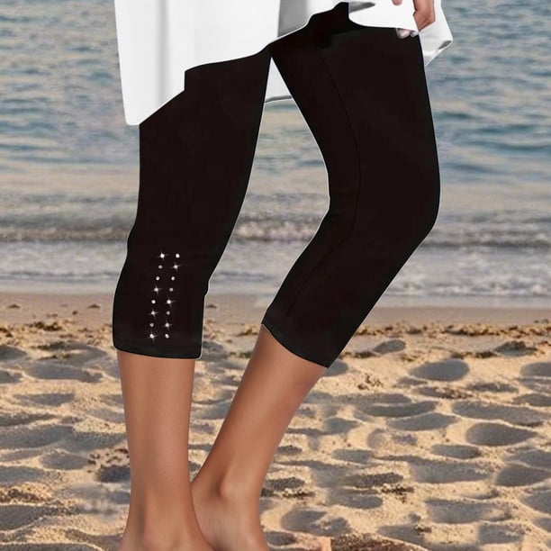 MKLEKYY Leggings Capri para mujer, de verano, con diamantes de imitación, elegantes, de cintura alta, para yoga, de compresión, para entrenamiento