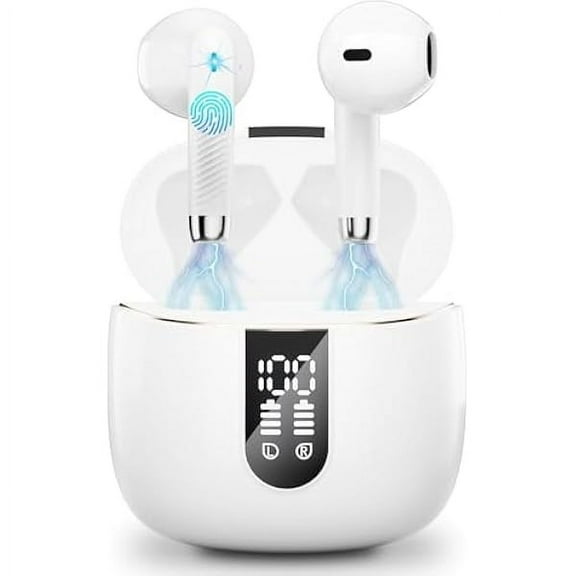 Wireless Earbuds, 2024 Bluetooth Headphones V5.3 Ear Buds Built-in ENC Noise Cancelling Mics, 40H Stereo Bass Bluetooth Earbuds with Dual LED Display, IP7 Waterproof Earphones for Android iOS, White