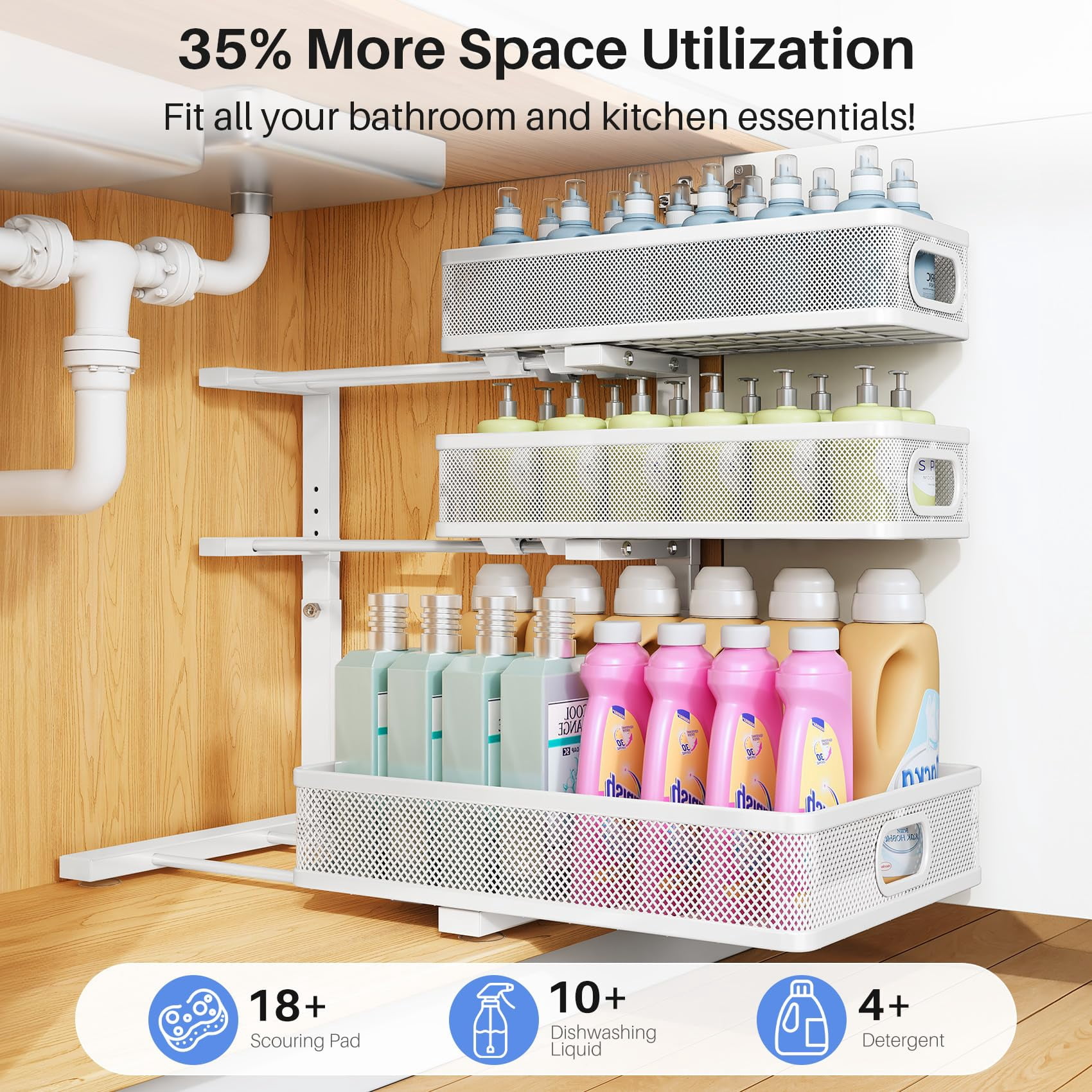 Under Sink Organizer, 2-Pack 3-Tier Thickened Metal Pull out Cabinet Organizer Shelf, Height Adjustable Slide out Storage Drawer Rack for Kitchen Bathroom Pantry Laundry Home Organization, White