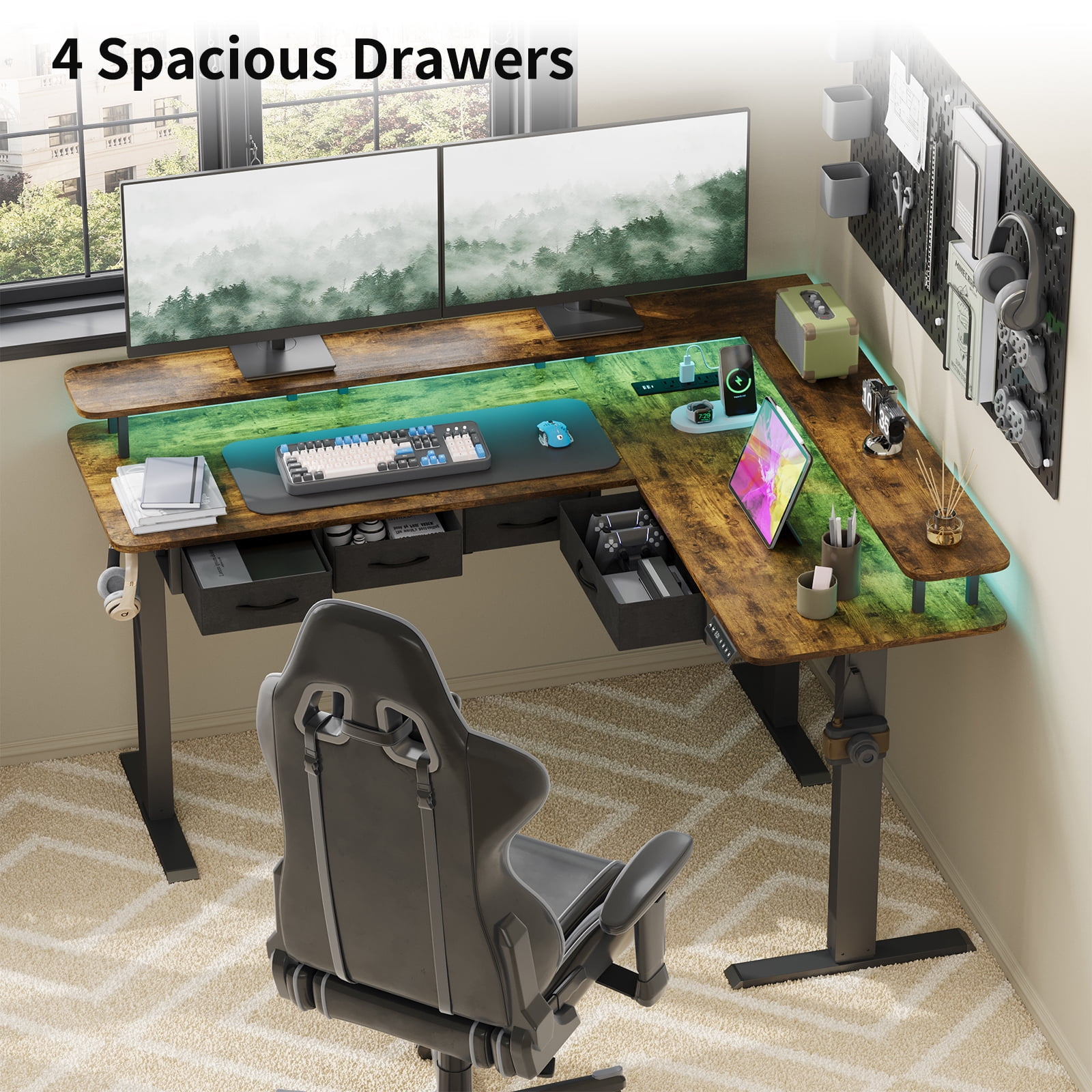 59-inch height-adjustable office desk, L-shaped electric standing desk, equipped with 4 storage drawers, featuring RGB lighting and power socket, corner computer desk, equipped with monitor stand