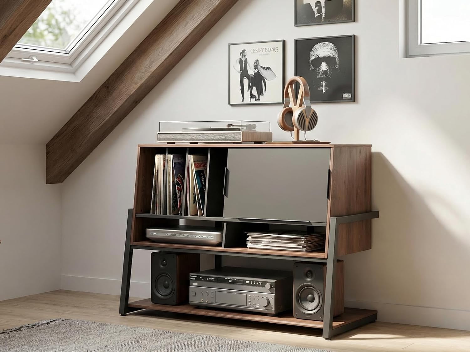 FITUEYES Large Record Player Stand with Vinyl Storage, Audio Component Cabinet, Dark Wood