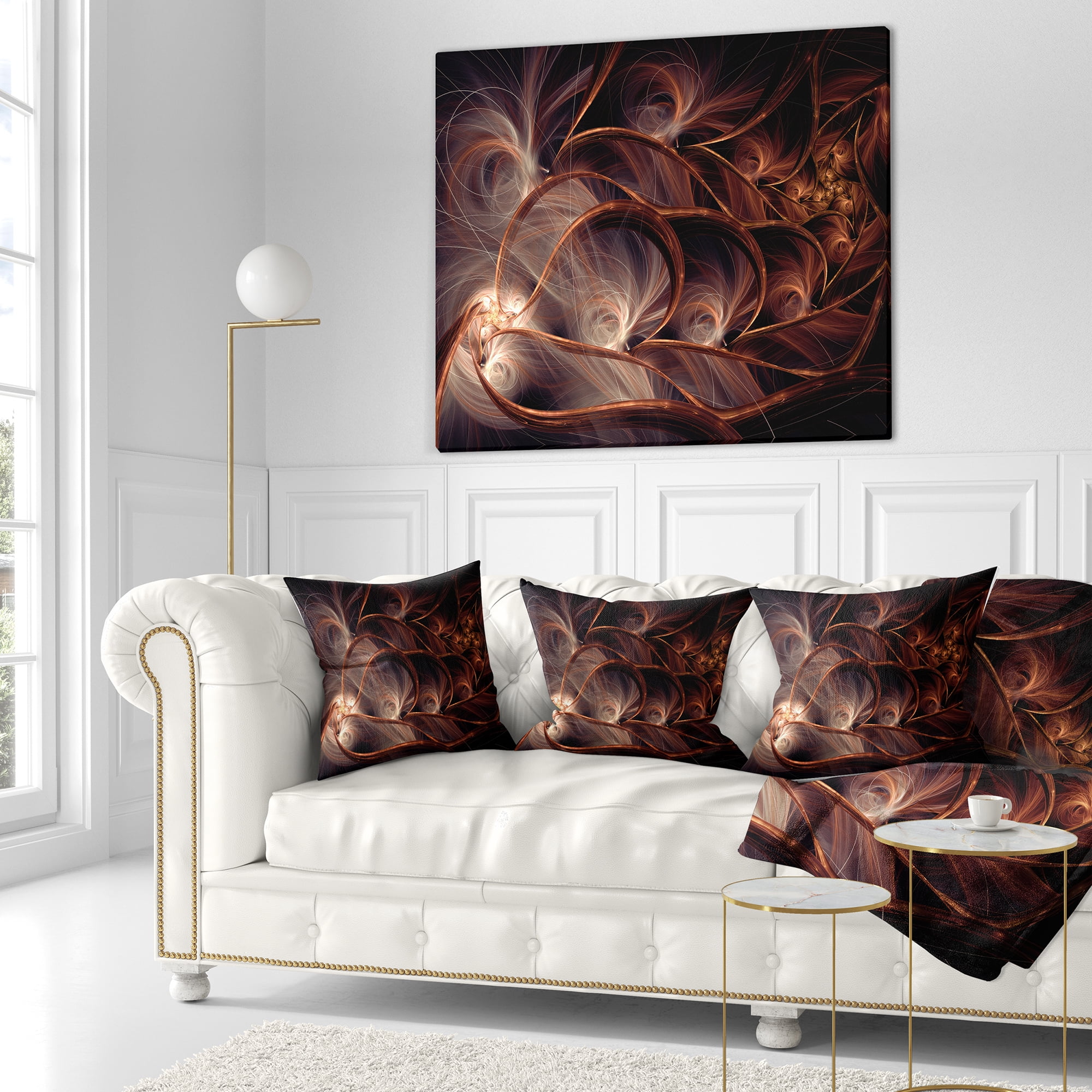Designart Glittering Brown Fractal Flower on Black - Floral Throw Pillow - 16x16