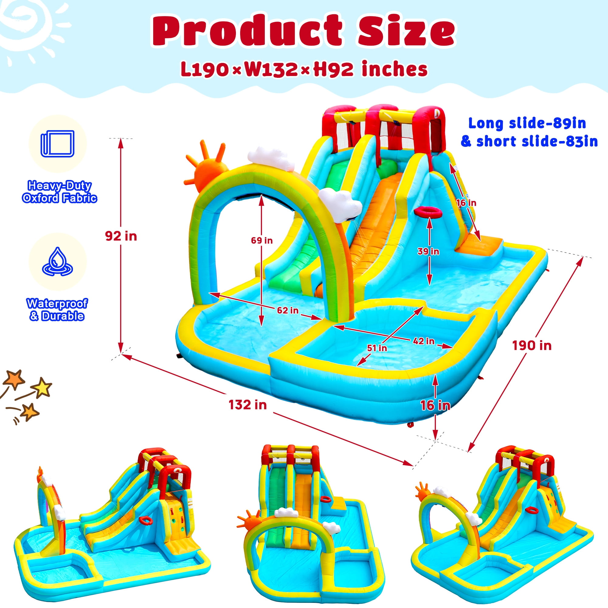 WELLFUNTIME Inflatable Water Slide for Kids, Bounce House with Blower, Water Park with Double Slides, Splash Pool