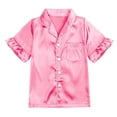 thumbnail image 5 of SJLDQY Satin Pajamas for Girls Button Down Short Sleeve Shirts Ruffle Pants 2 Piece Silk Pjs Sets Summer Sleepwear Breathable Soft Loungewear Sets, 5 of 8