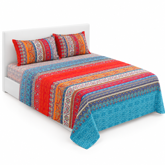 Boho Queen Size Colorful Tribal Striped Microfiber Bed Sheet Set