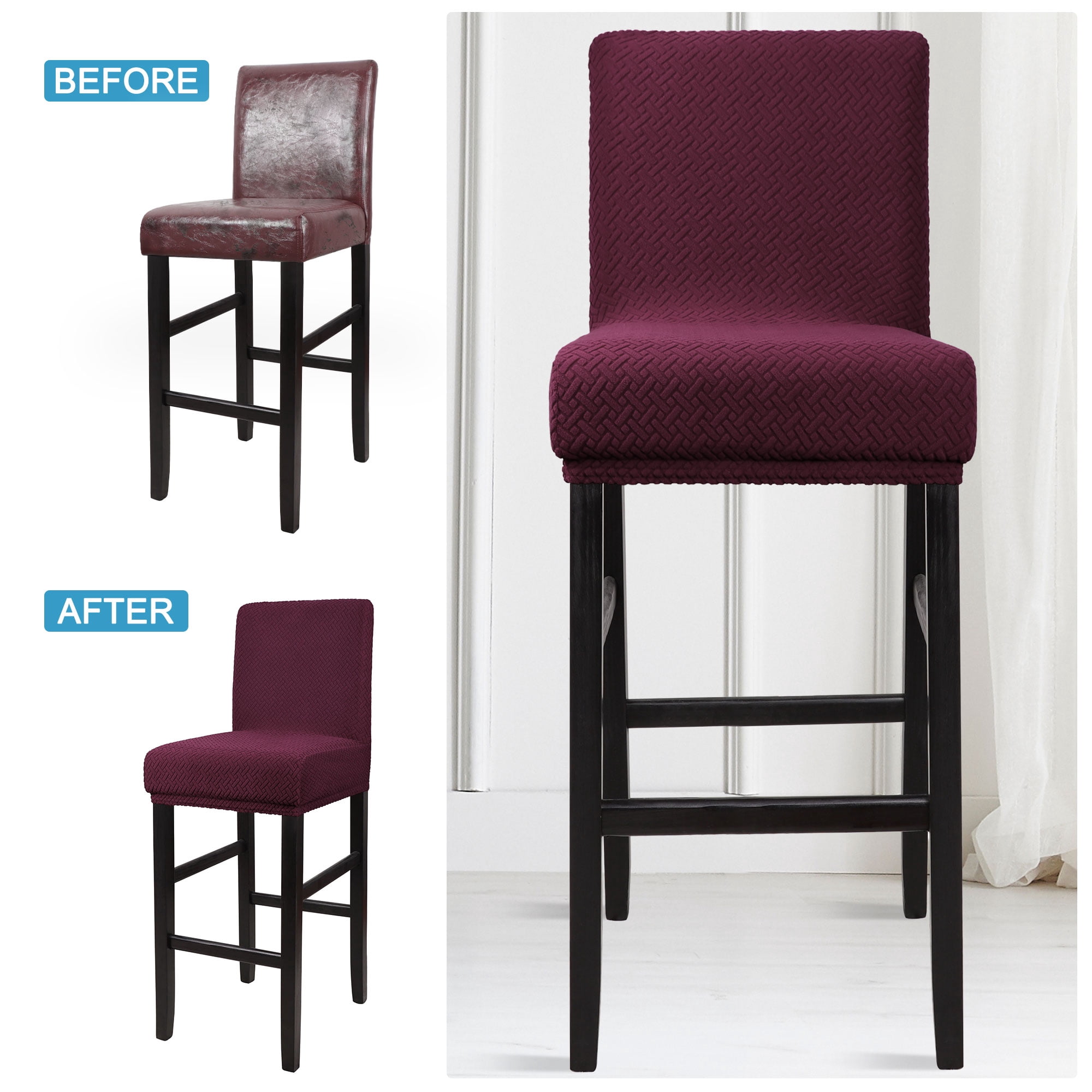 Unique Bargains Bar Stool Covers for Bar Counter Short Back Chair Slipcovers Burgundy 4 Pcs