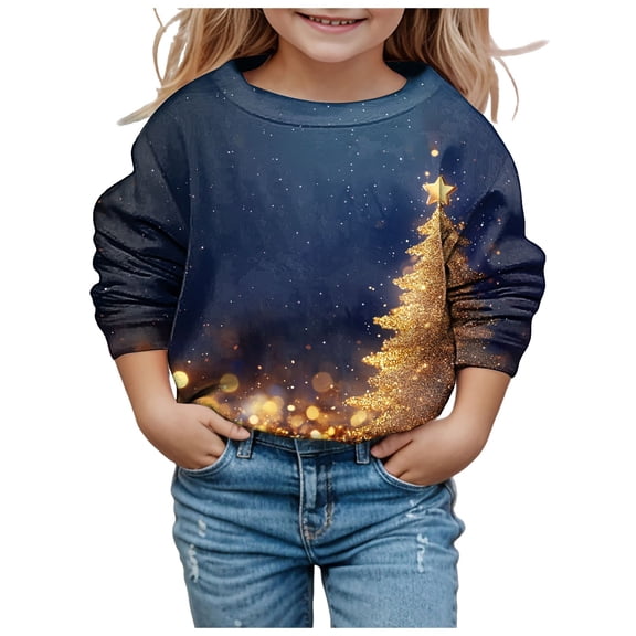 Gubotare Little Girls Sweatshirts Cotton Long Sleeve Crewneck Pullover Toddler Kids Winter Warm Shirt Sweater Tops Merry And Bright Sweatshirt (Navy,5-6 Years)