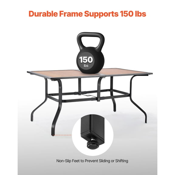 59-Inch Long Outdoor Patio Table, Brown Steel Slat Bistro Set with Umbrella Hole for Garden and Porch