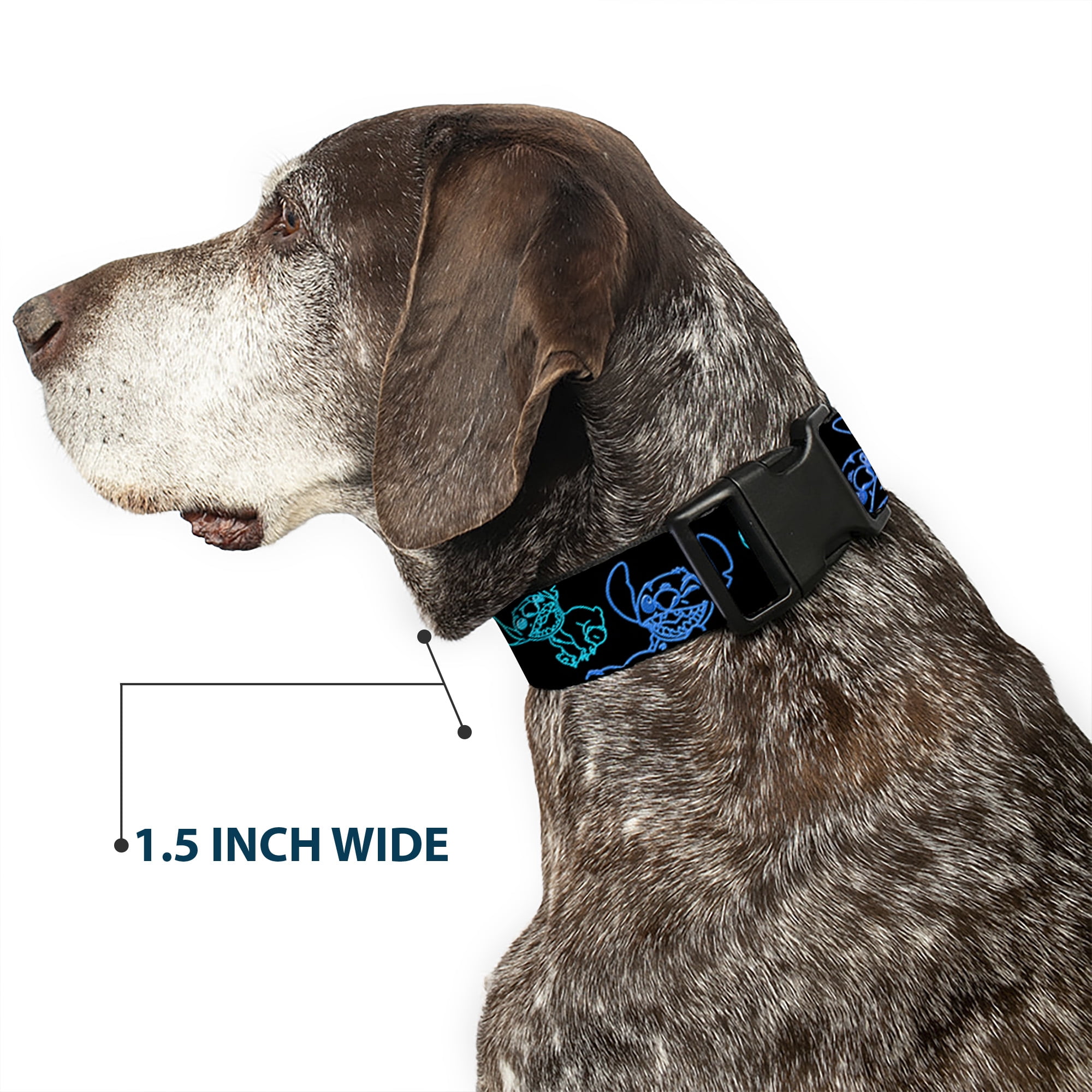 Disney Pet Collar, Dog Collar Plastic Buckle, Electric Stitch Poses Black Neon Blue, 15 to 24 Inches 1.0 Inch Wide