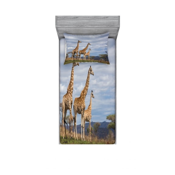 Africa Fitted Sheet & Pillow Sham Set, Giraffe Family Looking at The Skyline in Savannah Grassland with Shrubs Print, Decorative Printed 2 Piece Bedding Decor Set, Twin, Blue Tan, by Ambesonne