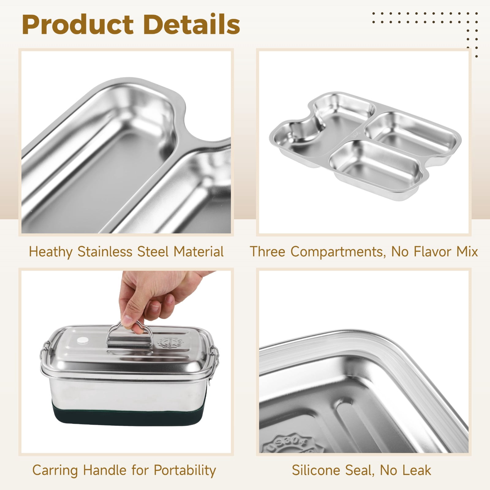 Stainless Steel Bento Box 2L / 67.6 oz 3-Compartment Lunch Container for Youngsters & Adults, Double Layer, Leak-Proof Food Storage with Handle, 8.7 x 6.1 x 3.5 in