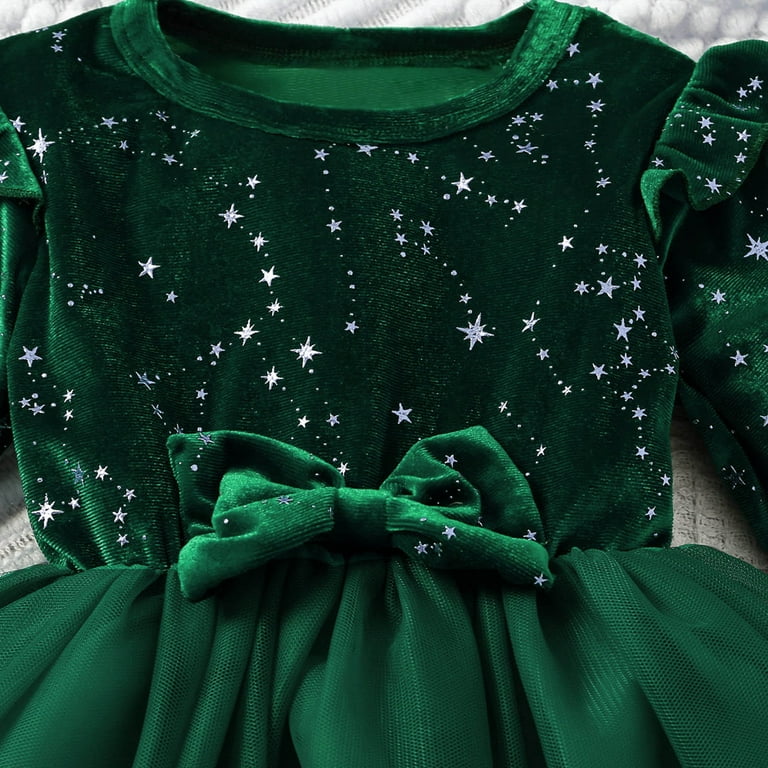 Girls Emerald Green Velvet Christmas Dress with Tulle Skirt & Star Accents  Long Sleeve Holiday Party Dress,Size 3-4 T - Walmart.com