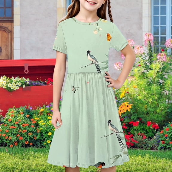 JUSLIO Dresses for Girls Pleated Dresses Cute Casual Short Sleeve Dress Size 4 Y