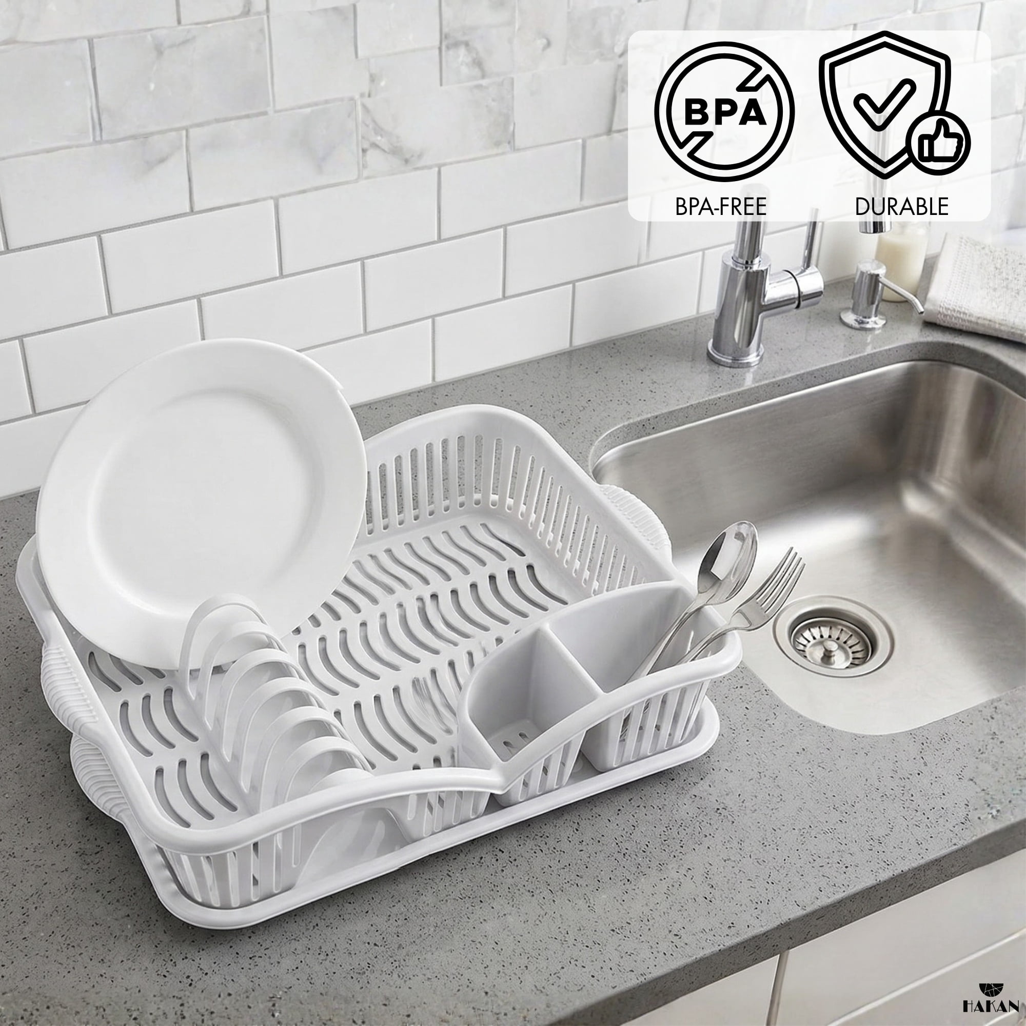 Hakan Dish Drying Rack with Drainboard & Cutlery Holder, Plastic, 17.9x12.5x3.7”