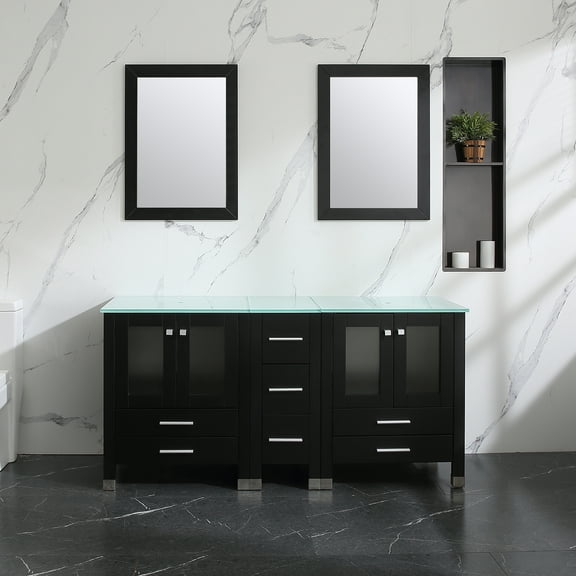 Wonline 60inch Black Bathroom Vanity with Glass Countertop and Mirror Set