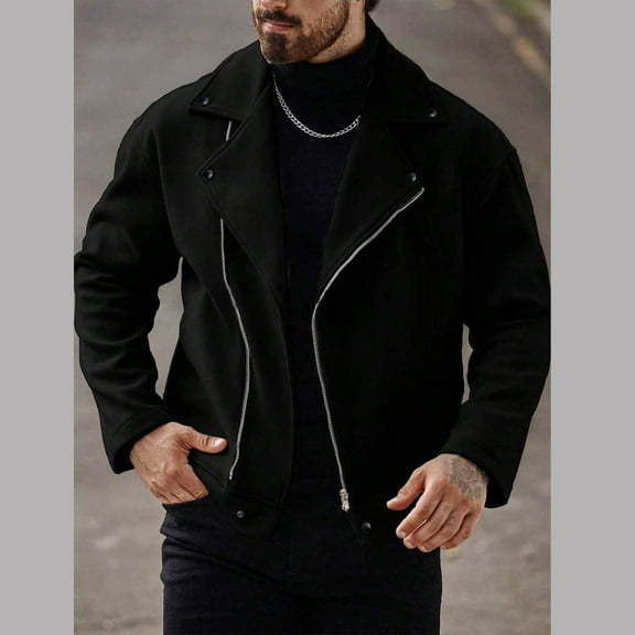 jobturf Jackets for Men Notched Lapel Motorcycle Trench Coat Dressy Casual Long Sleeve Going Out Tops Work Office Business Zip up Jacket