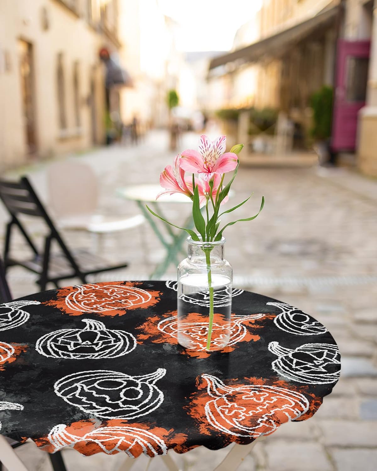 Halloween Round Fitted Tablecloth,Pumpkin Ghost Face Waterproof Elastic Edged Table Cover for Kitchen Dining Indoor Outdoor Holiday Party,Fits 45"-52" Tables,Orange and Black