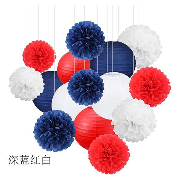 Nvzi Juego de 30 linternas de papel con combinación de bolas de flores, farolillos de papel redondos colgantes para decoración de fiestas,, serie azul oscuro, rojo y blanco