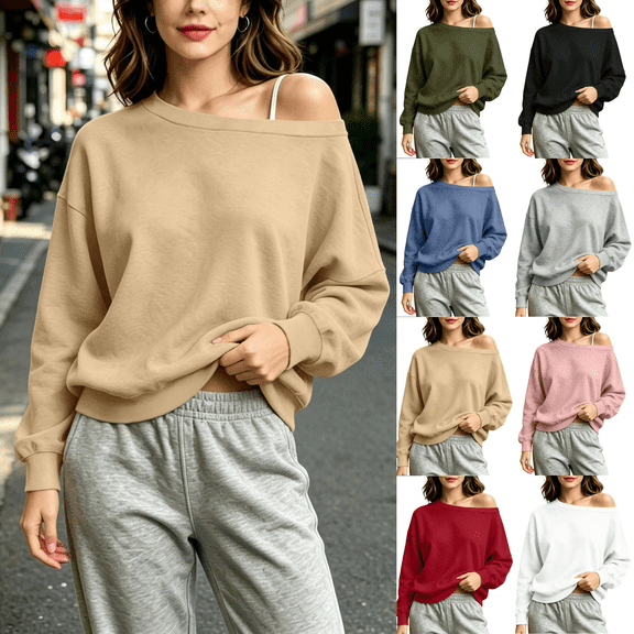 Yuanlook Women's Relaxed Fit Pullover Sweatshirts, Off Shoulder Wide Neck Long Sleeve Tops with Stretch Ribbed Trim Lounge Wear S‑XXXL