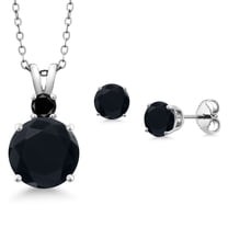 Gem Stone King 925 Sterling Silver Round Black Onyx and Black Diamond Pendant and Earrings Jewelry Set for Women (4.12 Cttw, Gemstone Birthstone, with 18 inch Chain)
