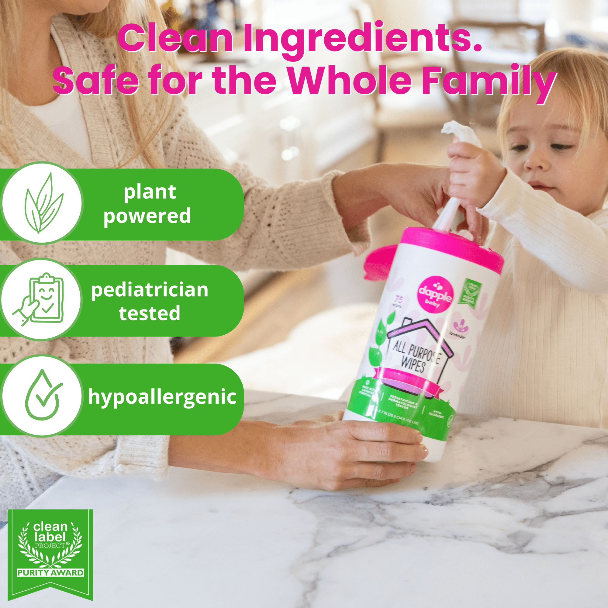 Dapple Baby All-Purpose Cleaning Wipes with Lavender Scent - 75 Plant-Based Wipes
