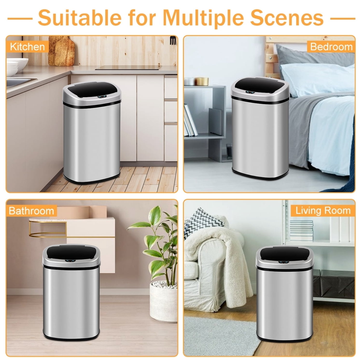 13 Gallon Kitchen Trash Can Automatic Stainless-Steel Garbage Can with Touch-Free & Motion Sensor, Anti-Fingerprint Mute Designed Brushed Waste Bin for Home, Silver
