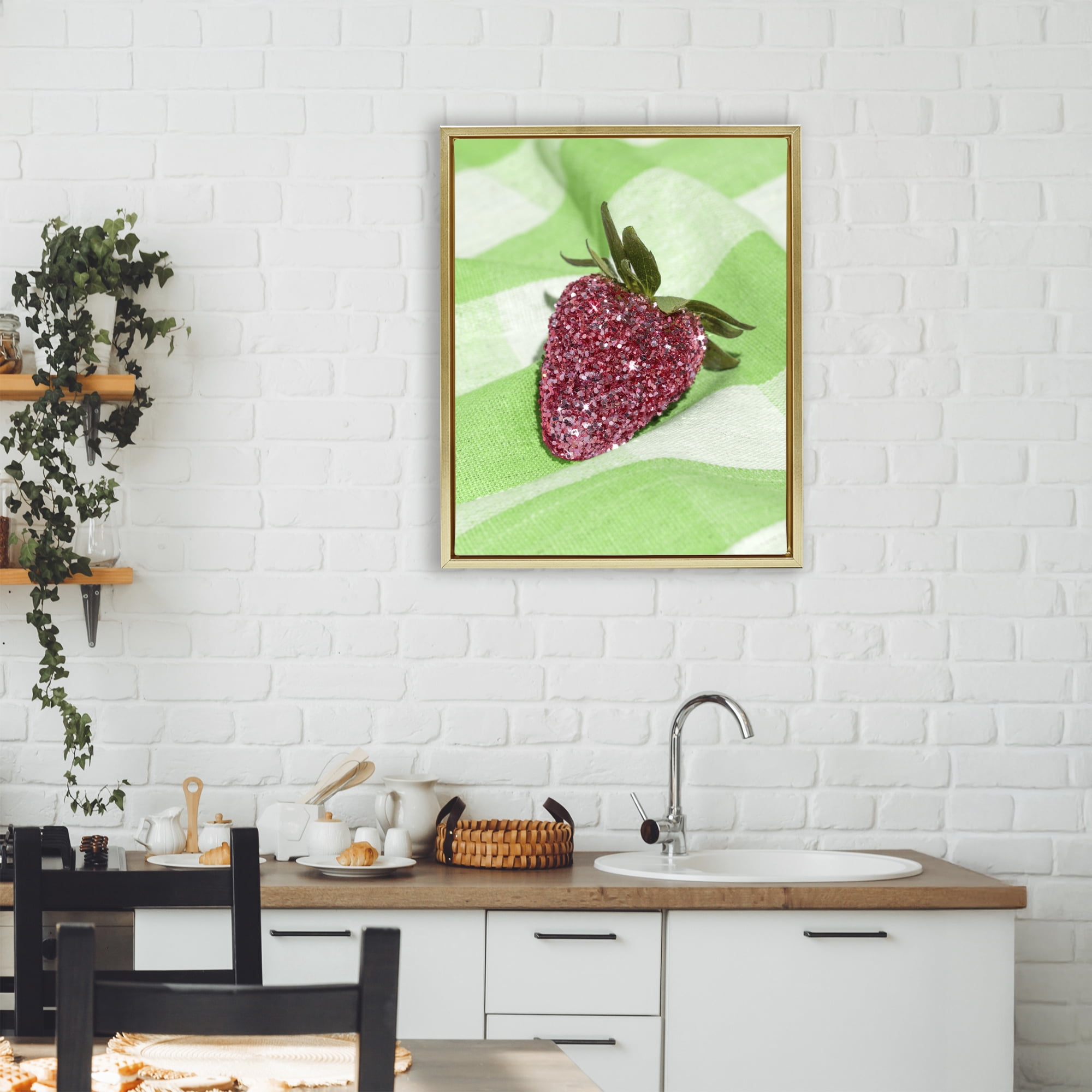 Stupell Industries Glimmer Strawberry on Green Gold Framed Floater Canvas Wall Art, design by LISH Creative