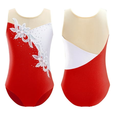 

Aislor Kids Girls Diamonds Adorned Ballet Dance Athletic Unitard Skating Leotard Mesh Patchwork Sequins Bodysuit