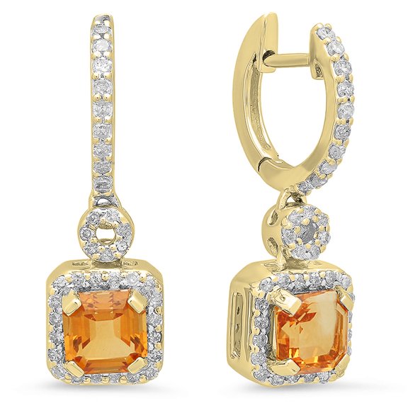 1.80 Carat (ctw) 10K Yellow Gold Asscher Citrine & Round Cut White Diamond Ladies Halo Style Dangling Earrings